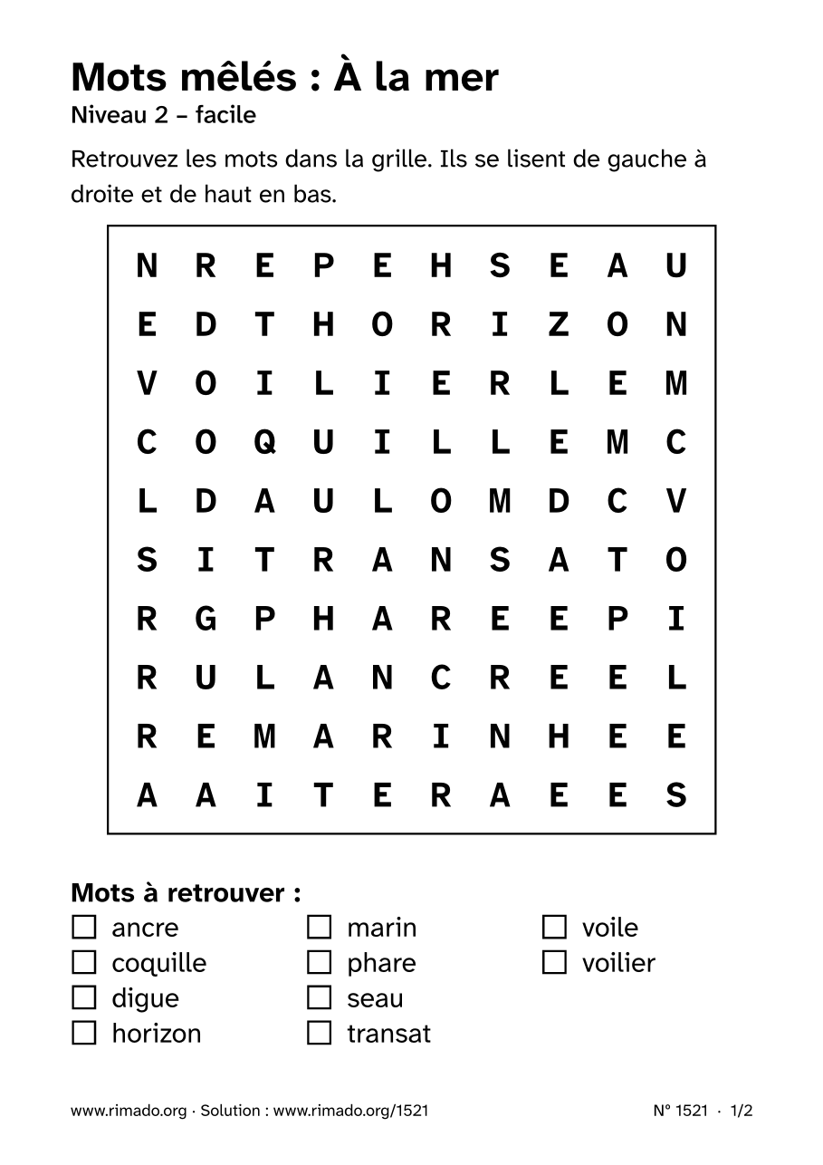 Aperçu de la feuille imprimée : Mots mêlés « À la mer », nº 1521