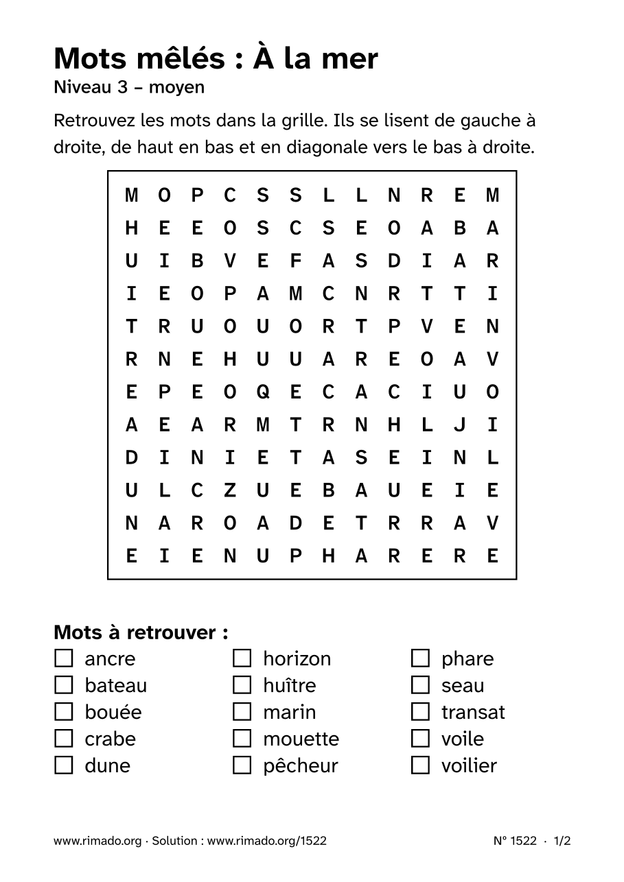 Aperçu de la feuille imprimée : Mots mêlés « À la mer », nº 1522