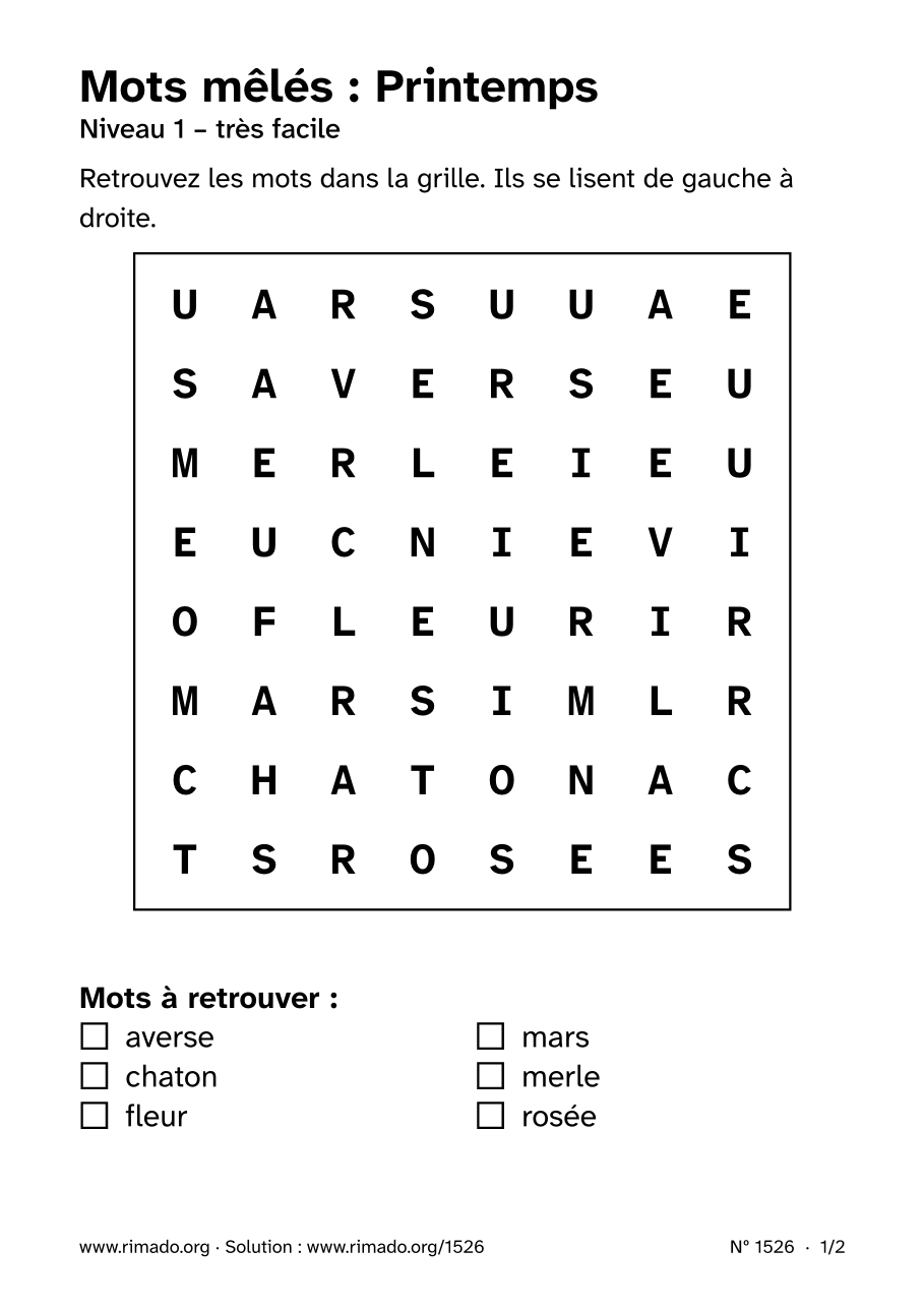 Aperçu de la feuille imprimée : Mots mêlés « Printemps », nº 1526