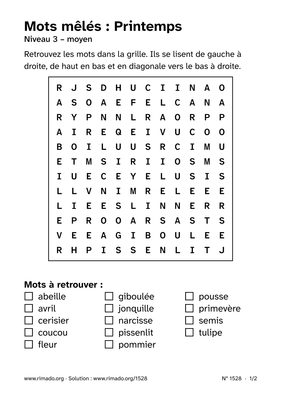 Aperçu de la feuille imprimée : Mots mêlés « Printemps », nº 1528