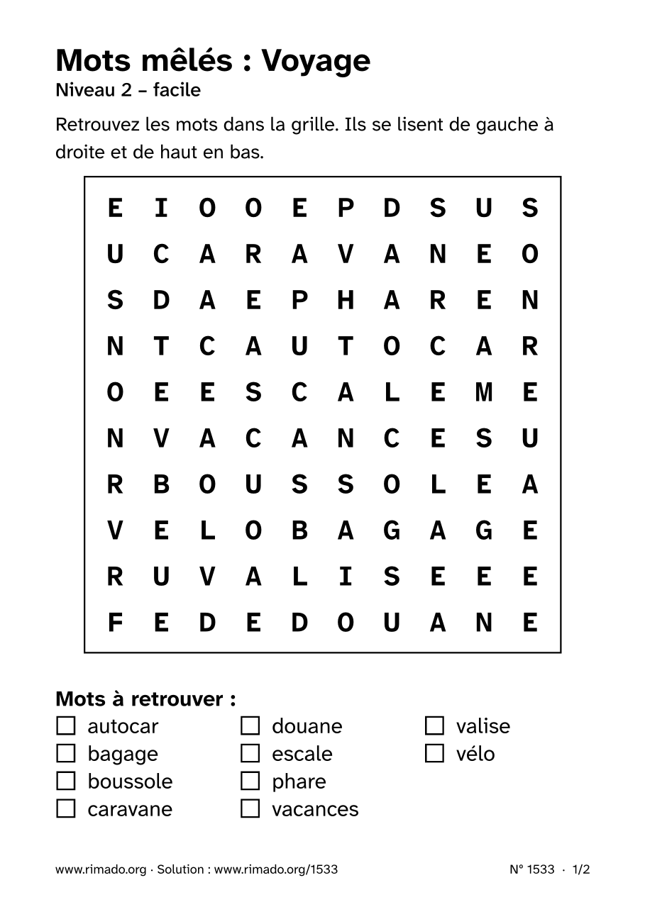 Aperçu de la feuille imprimée : Mots mêlés « Voyage », nº 1533