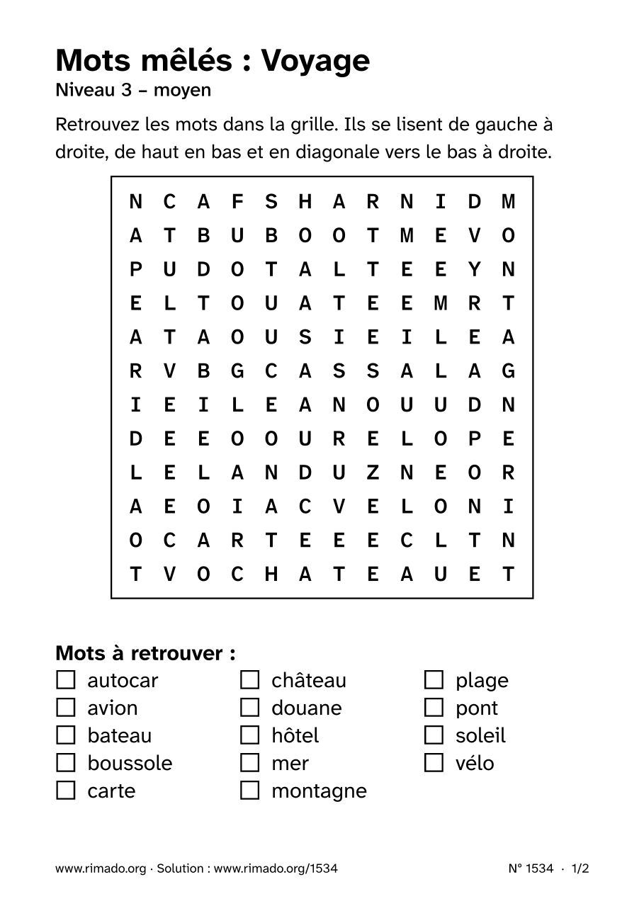 Aperçu de la feuille imprimée : Mots mêlés « Voyage », nº 1534