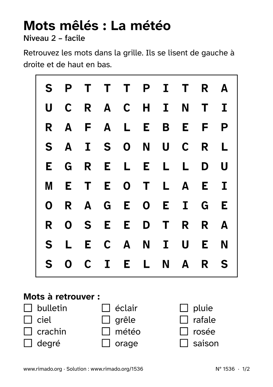 Aperçu de la feuille imprimée : Mots mêlés « La météo », nº 1536