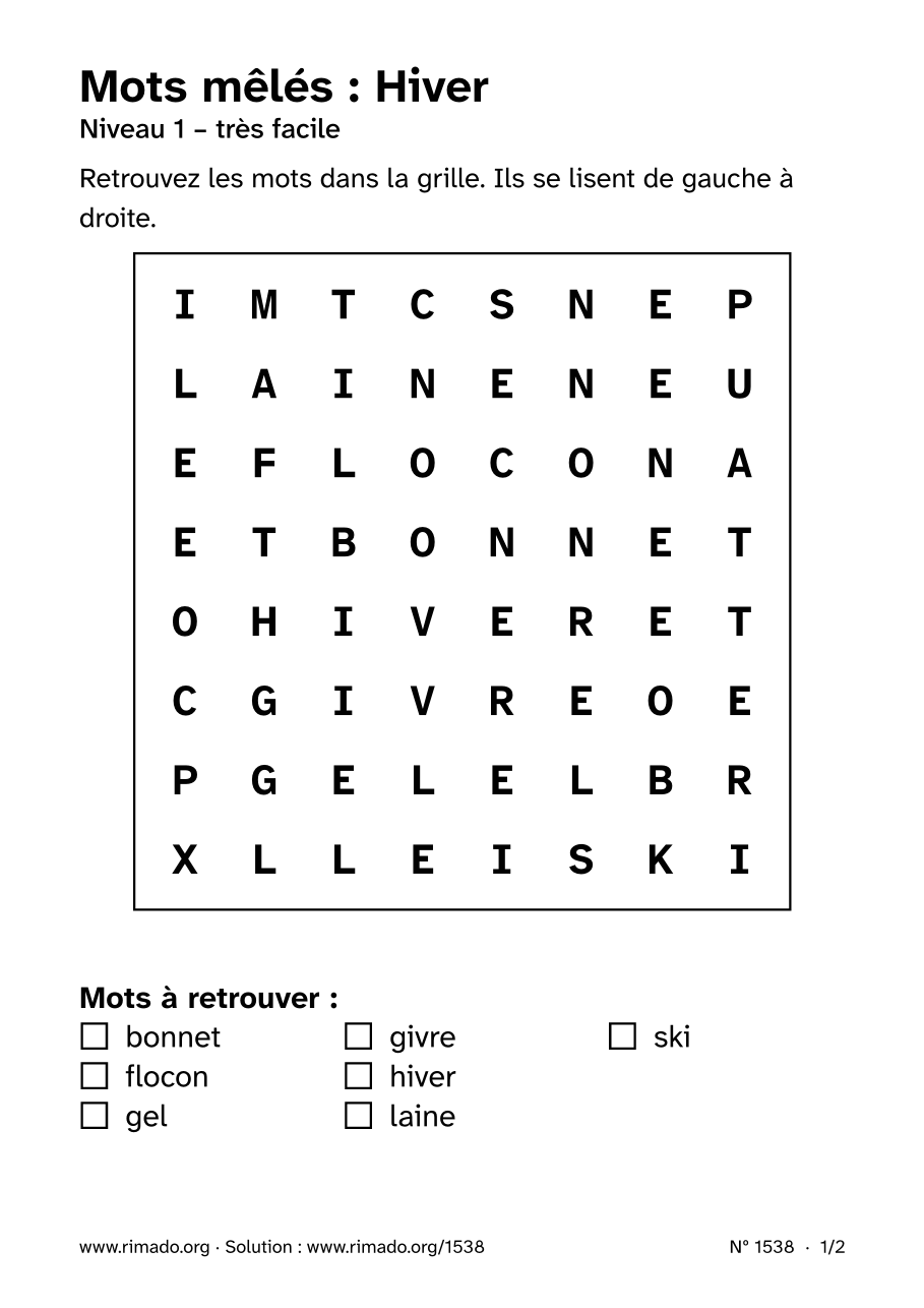 Aperçu de la feuille imprimée : Mots mêlés « Hiver », nº 1538