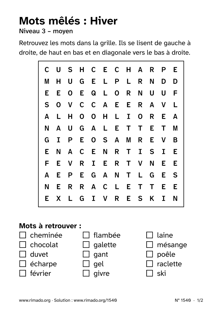 Aperçu de la feuille imprimée : Mots mêlés « Hiver », nº 1540