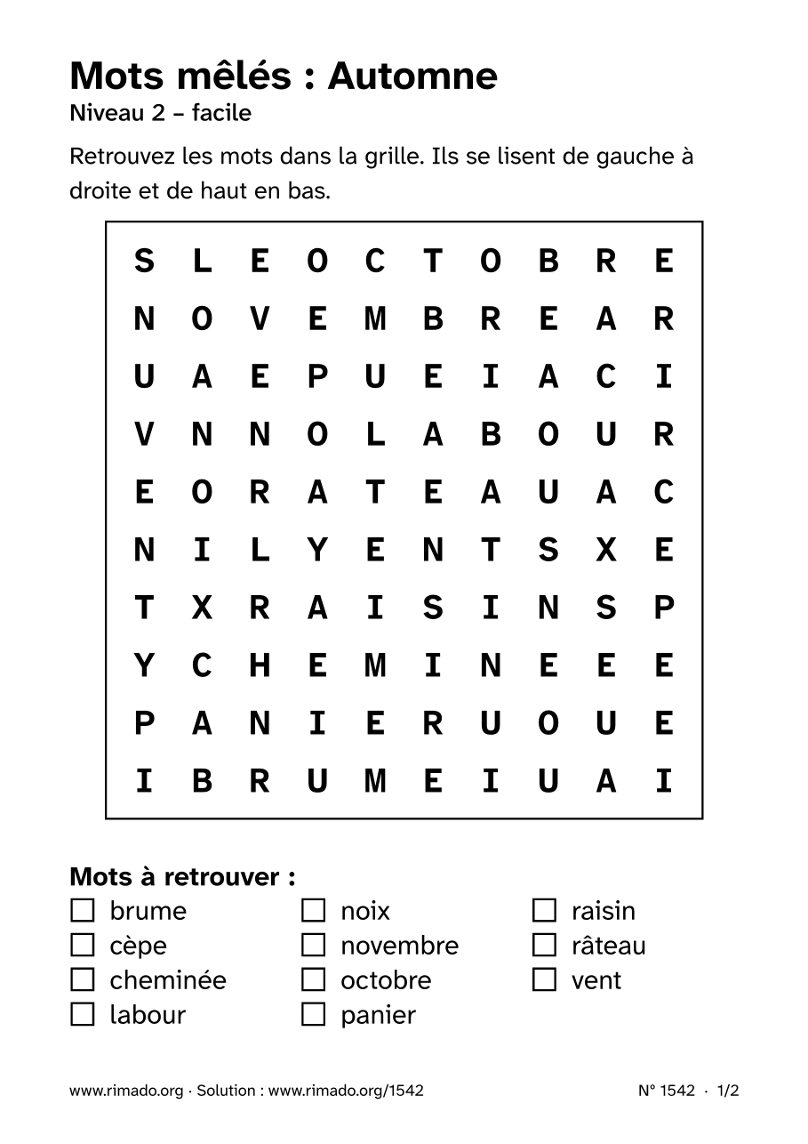 Aperçu de la feuille imprimée : Mots mêlés « Automne », nº 1542