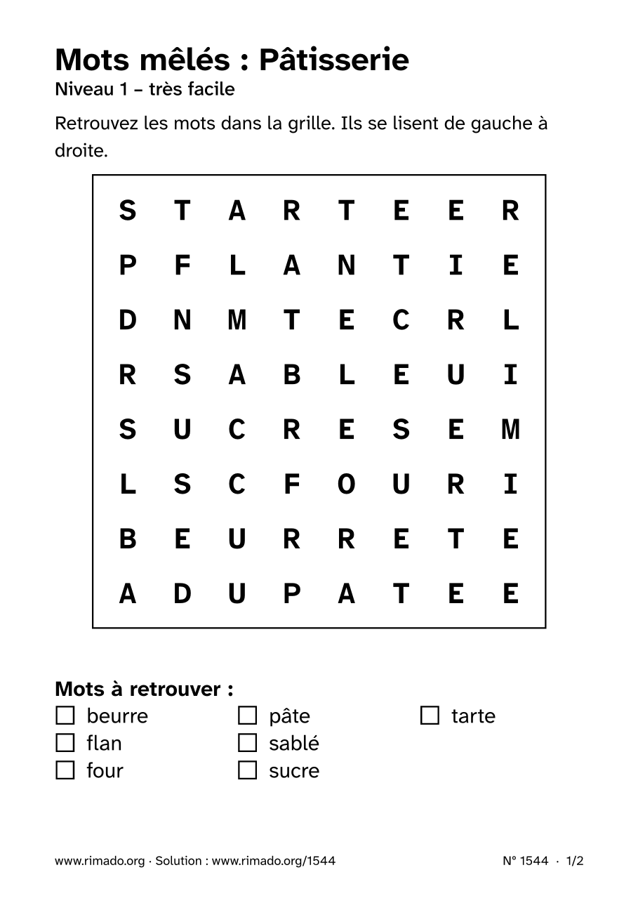Aperçu de la feuille imprimée : Mots mêlés « Pâtisserie », nº 1544