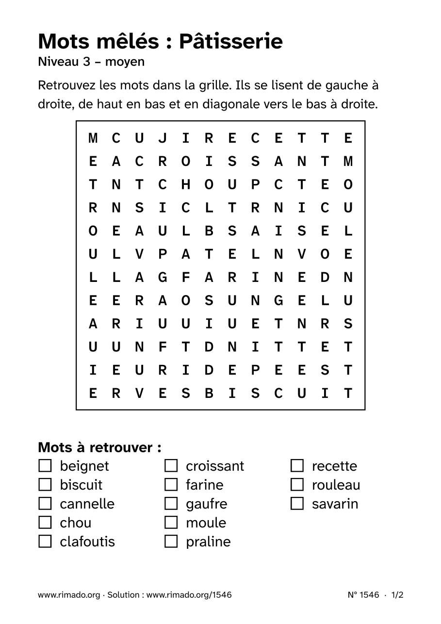 Aperçu de la feuille imprimée : Mots mêlés « Pâtisserie », nº 1546