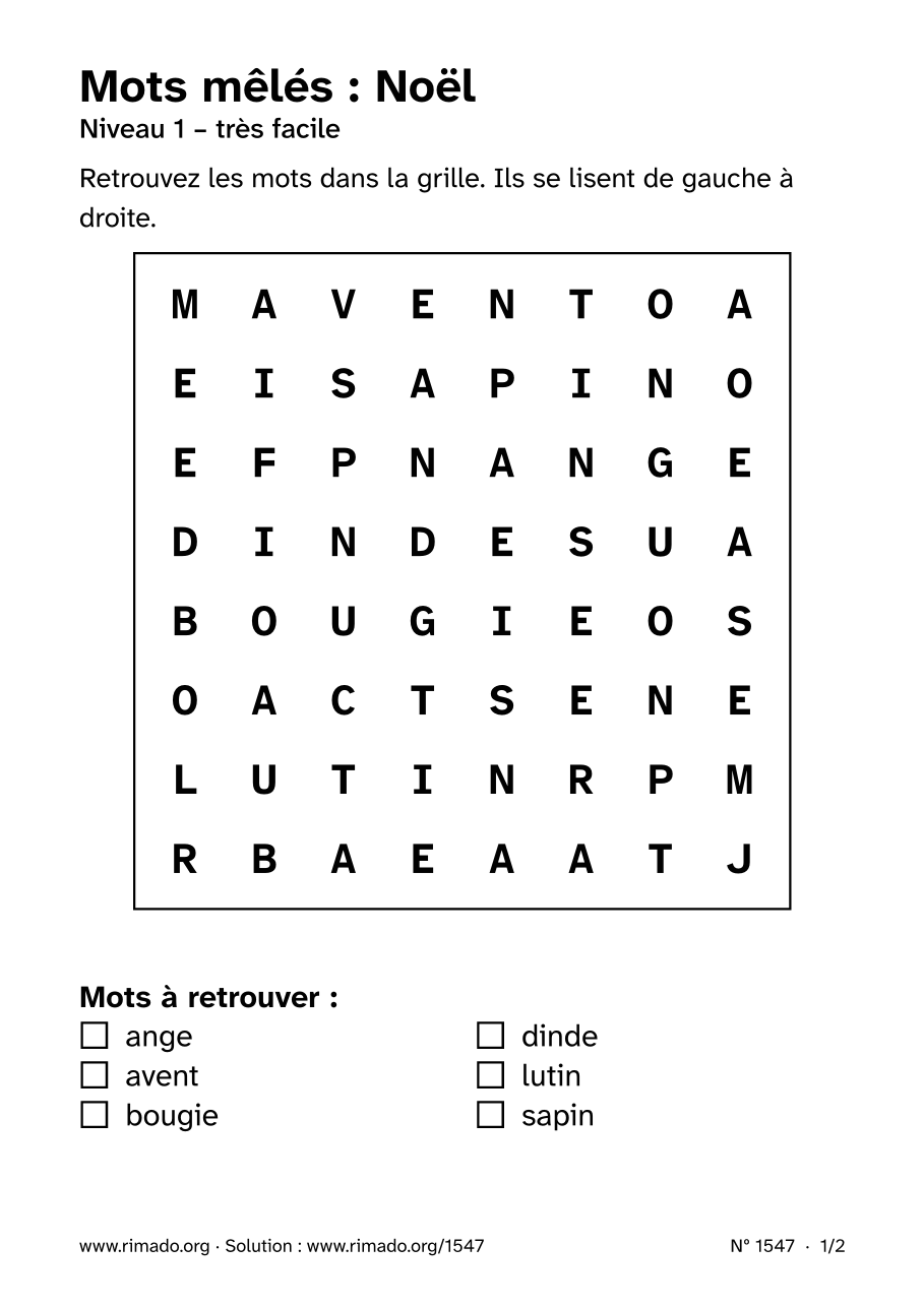 Aperçu de la feuille imprimée : Mots mêlés « Noël », nº 1547