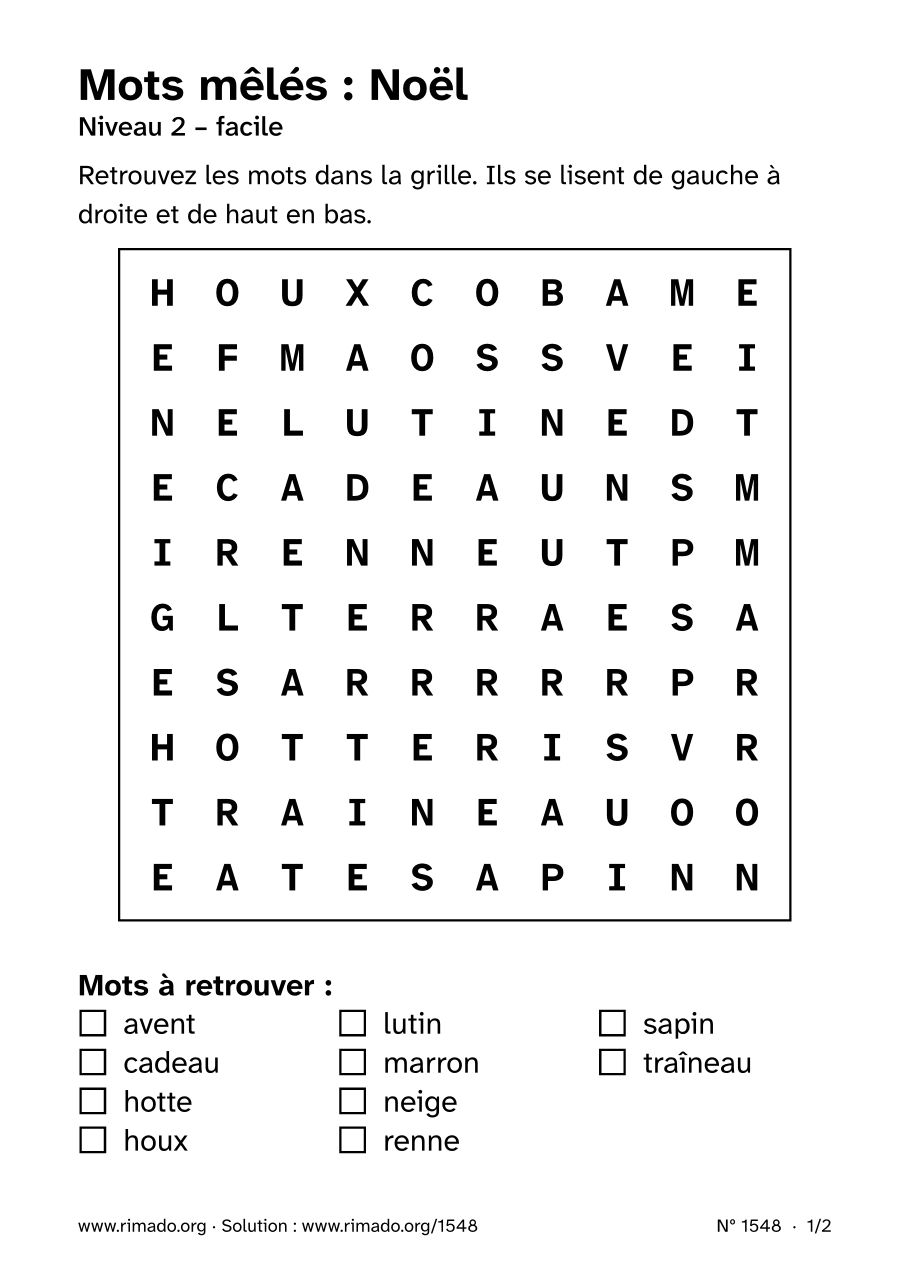 Aperçu de la feuille imprimée : Mots mêlés « Noël », nº 1548