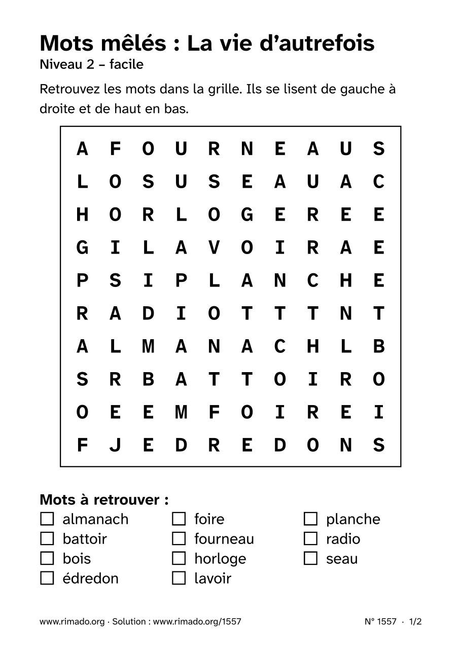 Aperçu de la feuille imprimée : Mots mêlés « La vie d’autrefois », nº 1557