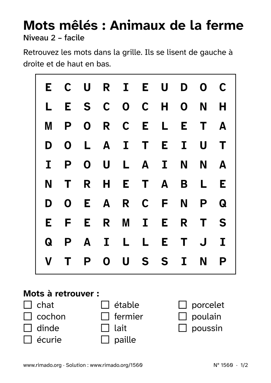 Aperçu de la feuille imprimée : Mots mêlés « Animaux de la ferme », nº 1560