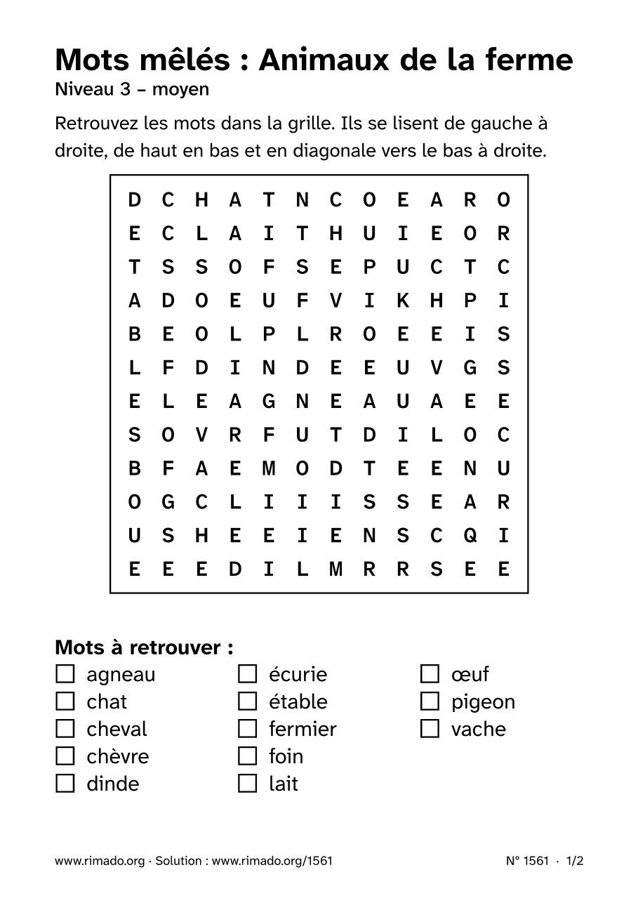 Aperçu de la feuille imprimée : Mots mêlés « Animaux de la ferme », nº 1561