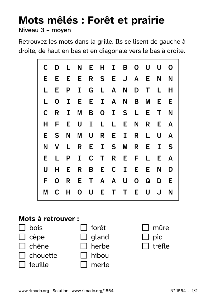 Aperçu de la feuille imprimée : Mots mêlés « Forêt et prairie », nº 1564