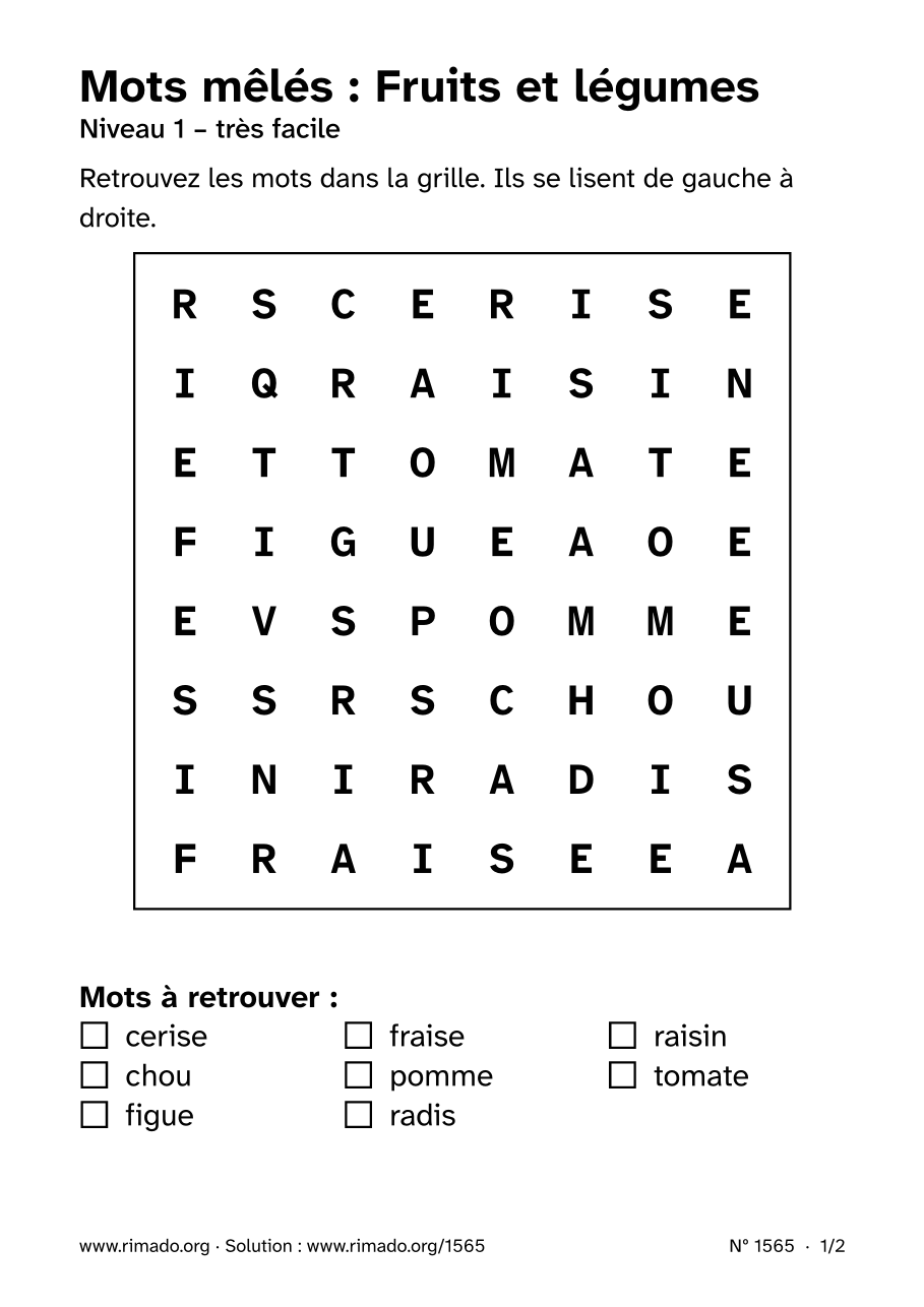 Aperçu de la feuille imprimée : Mots mêlés « Fruits et légumes », nº 1565