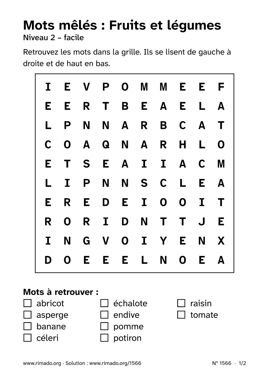 Aperçu de la feuille imprimée : Mots mêlés « Fruits et légumes », nº 1566