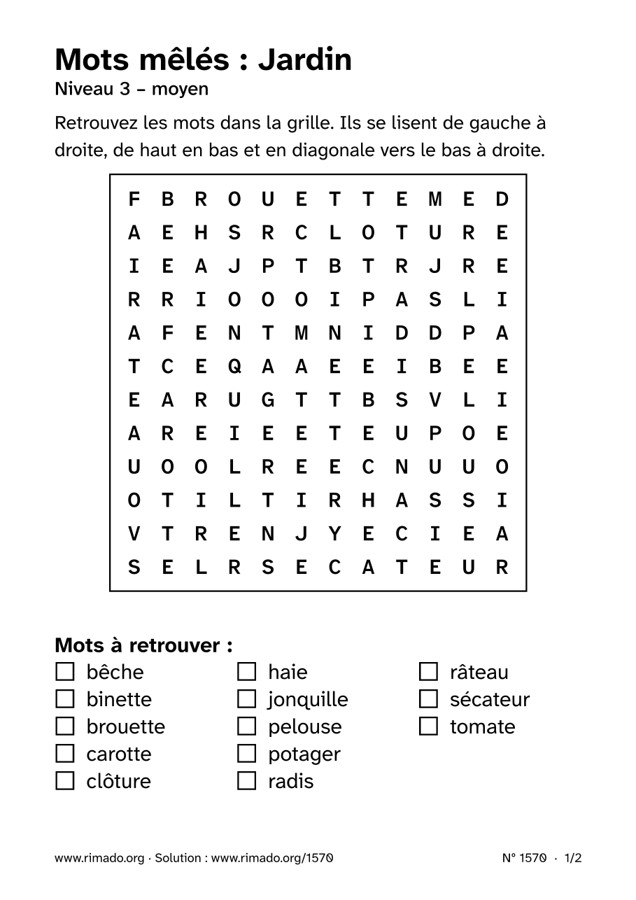 Aperçu de la feuille imprimée : Mots mêlés « Jardin », nº 1570