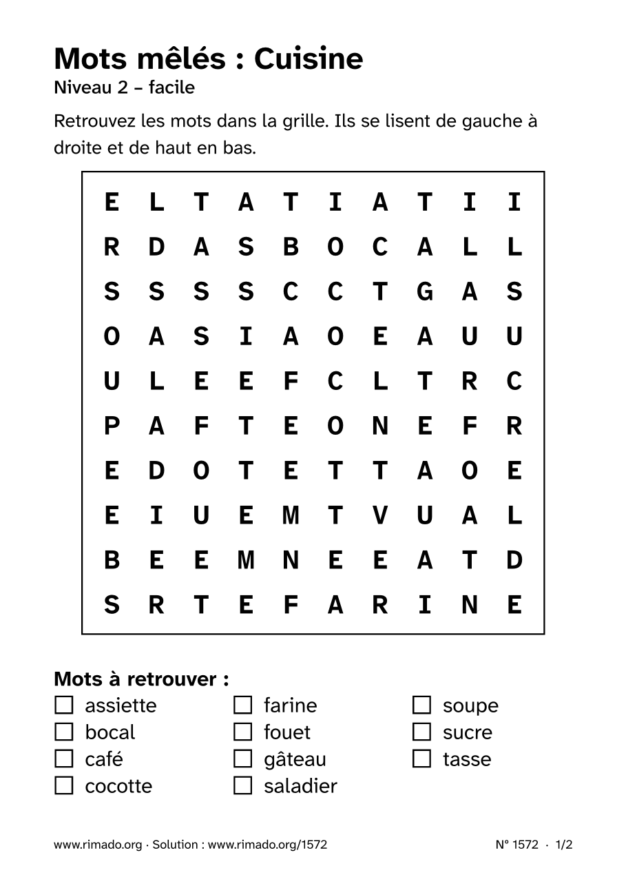 Aperçu de la feuille imprimée : Mots mêlés « Cuisine », nº 1572