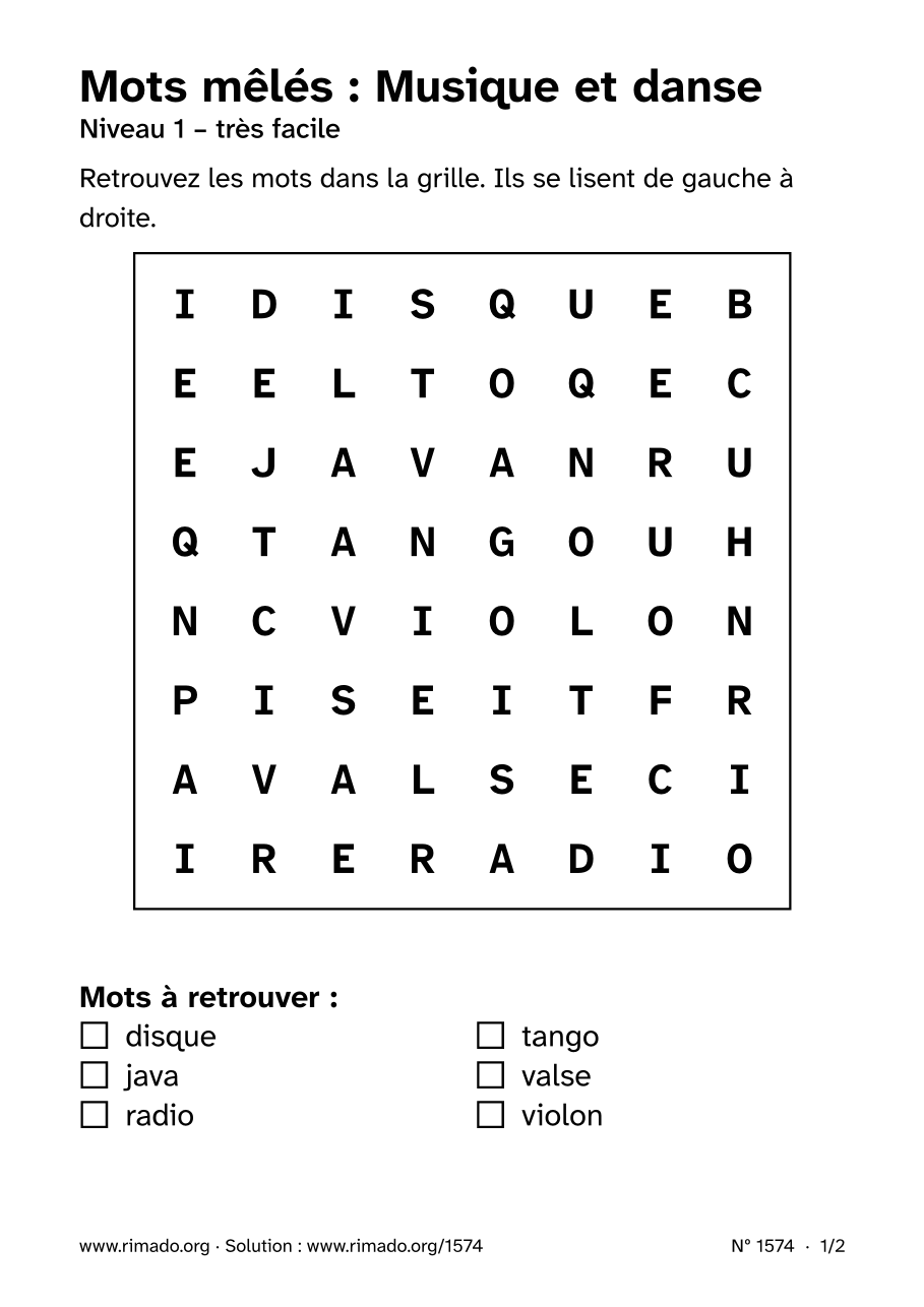 Aperçu de la feuille imprimée : Mots mêlés « Musique et danse », nº 1574