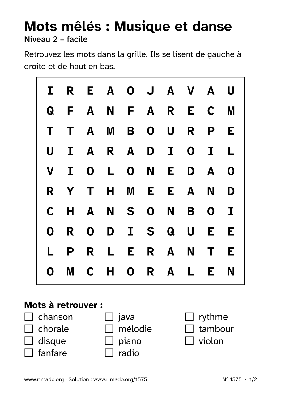 Aperçu de la feuille imprimée : Mots mêlés « Musique et danse », nº 1575