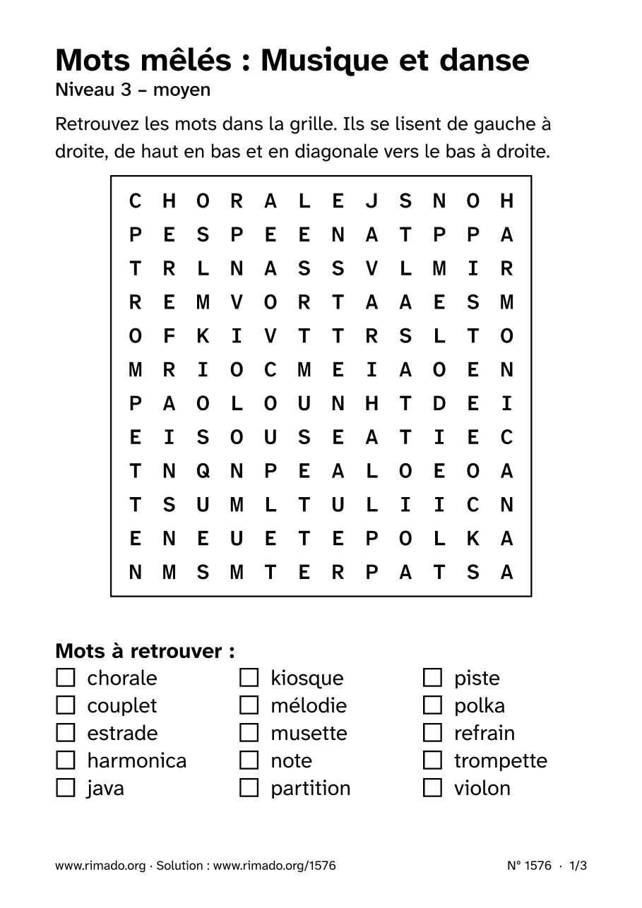 Aperçu de la feuille imprimée : Mots mêlés « Musique et danse », nº 1576