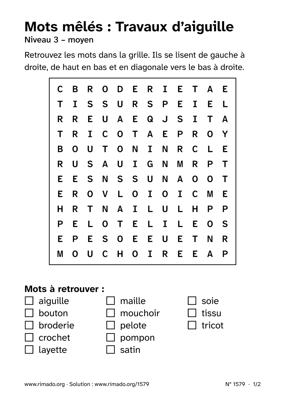 Aperçu de la feuille imprimée : Mots mêlés « Travaux d’aiguille », nº 1579
