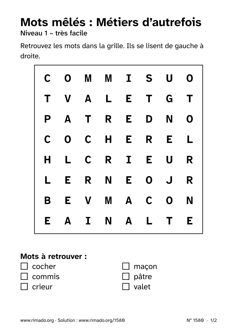Aperçu de la feuille imprimée : Mots mêlés « Métiers d’autrefois », nº 1580