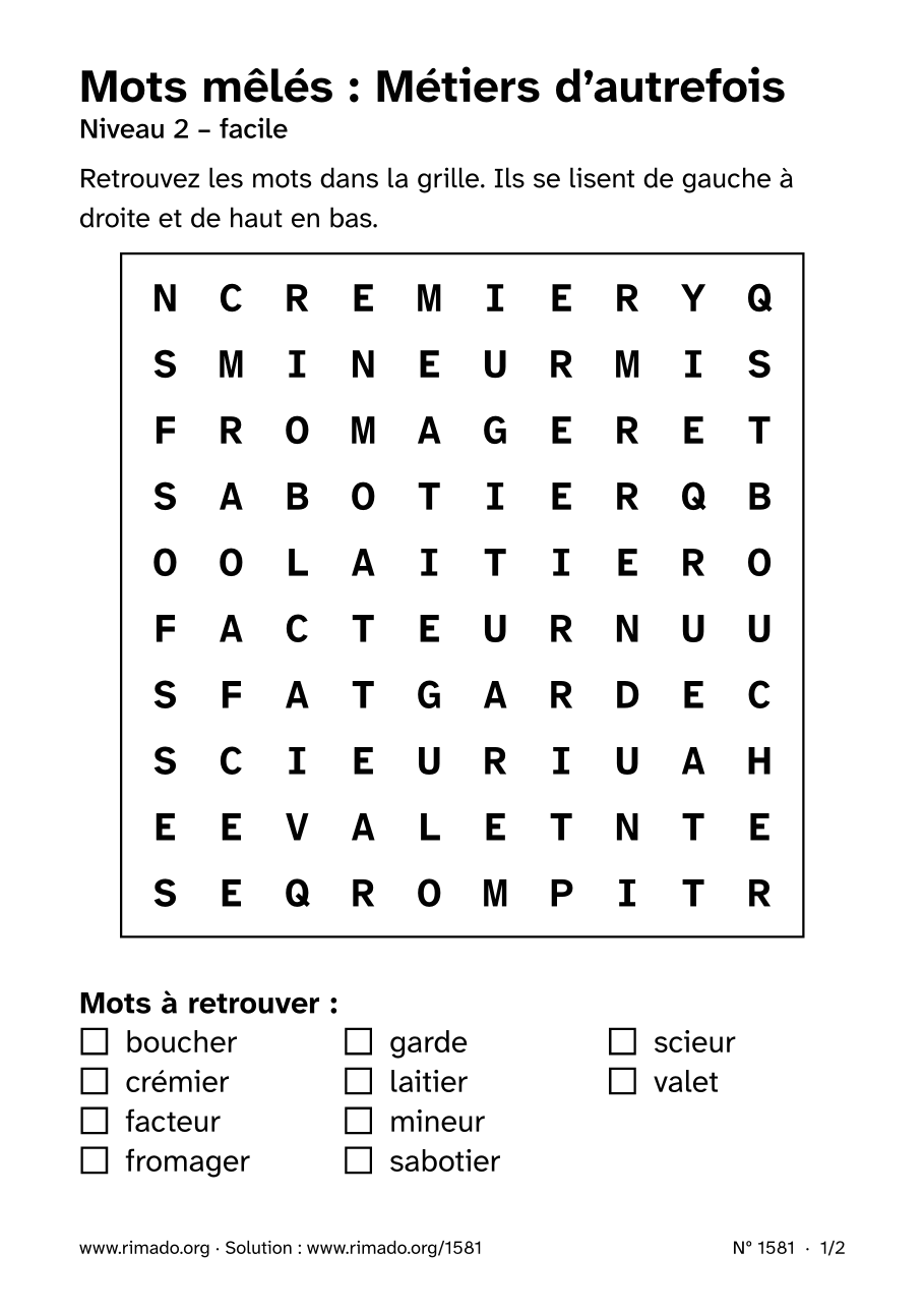 Aperçu de la feuille imprimée : Mots mêlés « Métiers d’autrefois », nº 1581