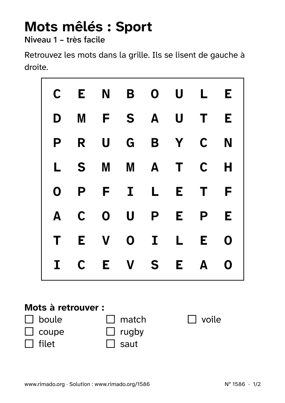 Aperçu de la feuille imprimée : Mots mêlés « Sport », nº 1586