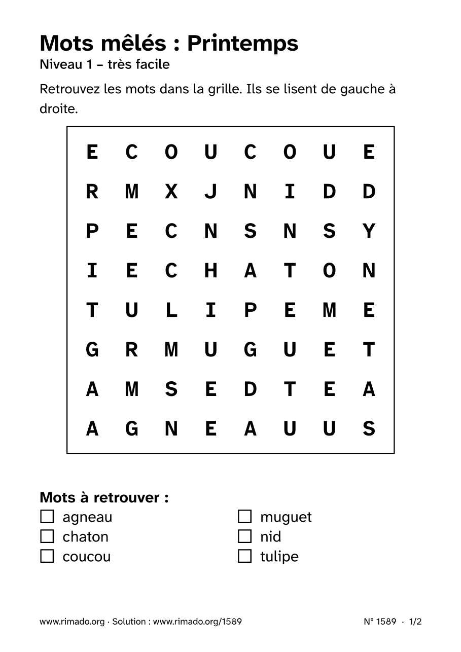Aperçu de la feuille imprimée : Mots mêlés « Printemps », nº 1589