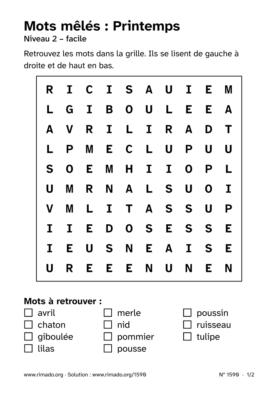 Aperçu de la feuille imprimée : Mots mêlés « Printemps », nº 1590