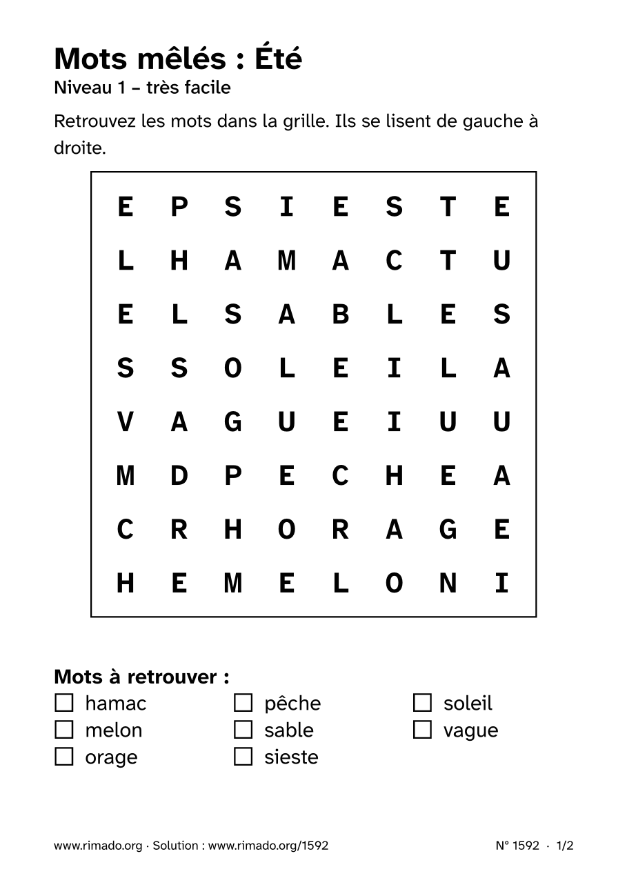 Aperçu de la feuille imprimée : Mots mêlés « Été », nº 1592