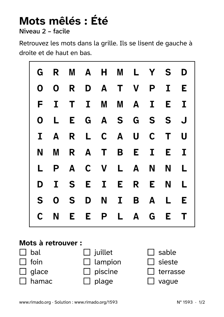 Aperçu de la feuille imprimée : Mots mêlés « Été », nº 1593