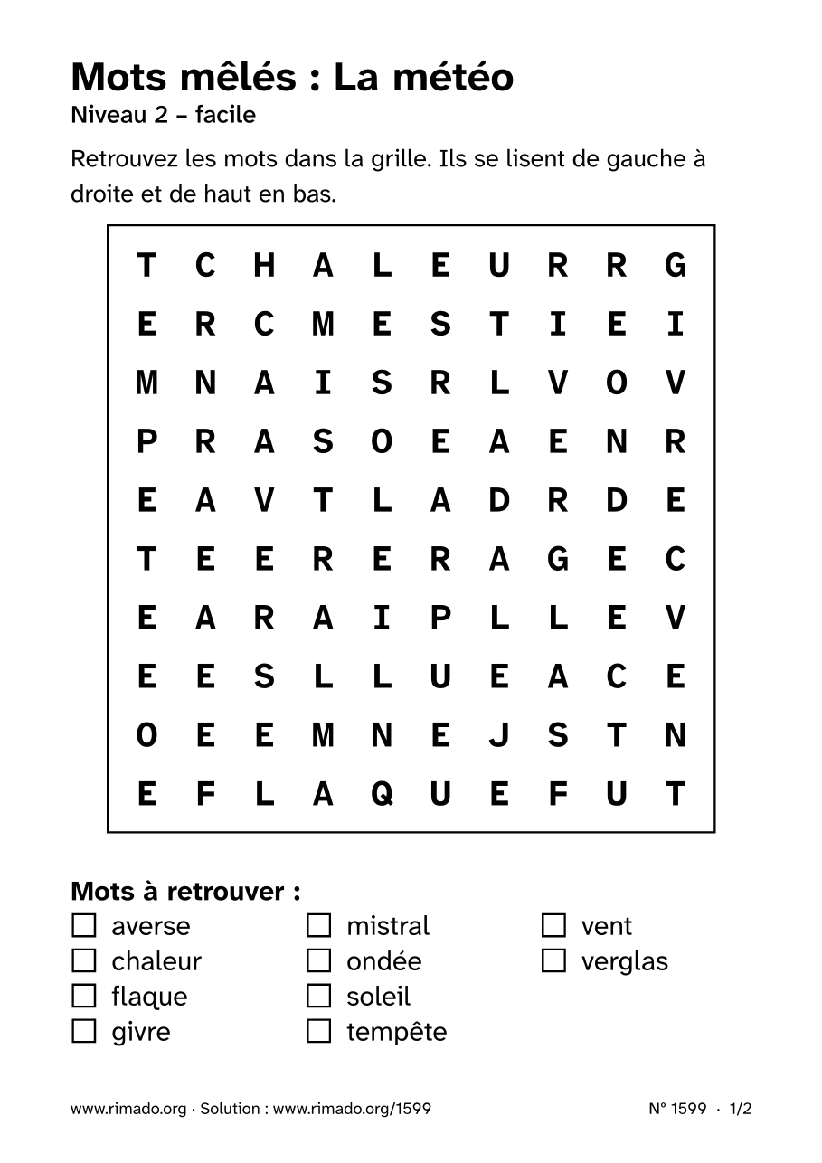 Aperçu de la feuille imprimée : Mots mêlés « La météo », nº 1599