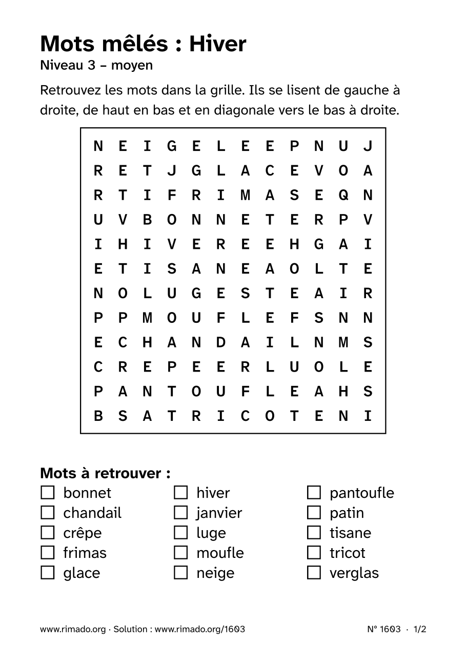Aperçu de la feuille imprimée : Mots mêlés « Hiver », nº 1603