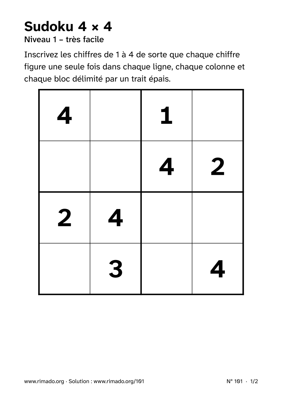Aperçu de la feuille imprimée : Sudoku 4 × 4, nº 101
