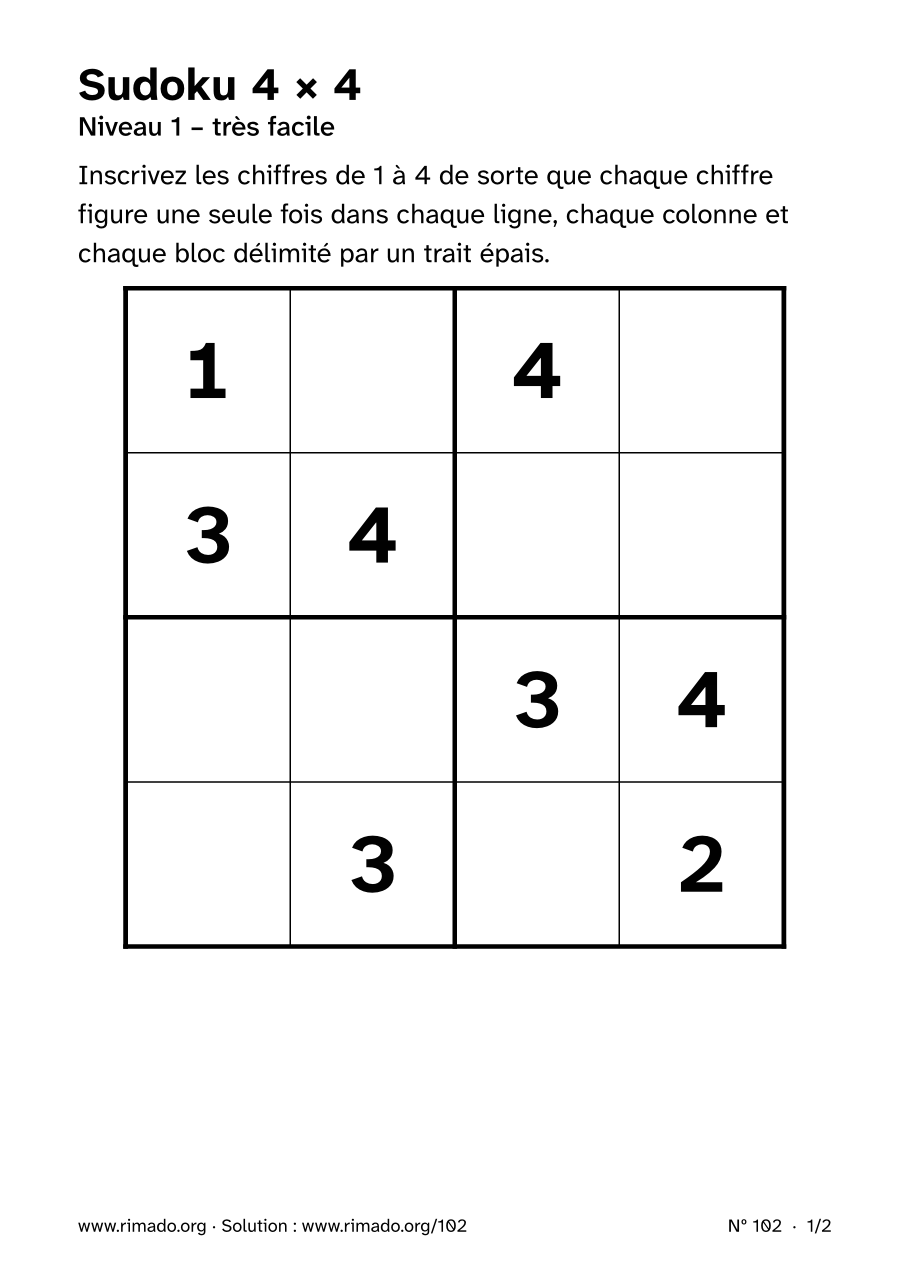 Aperçu de la feuille imprimée : Sudoku 4 × 4, nº 102