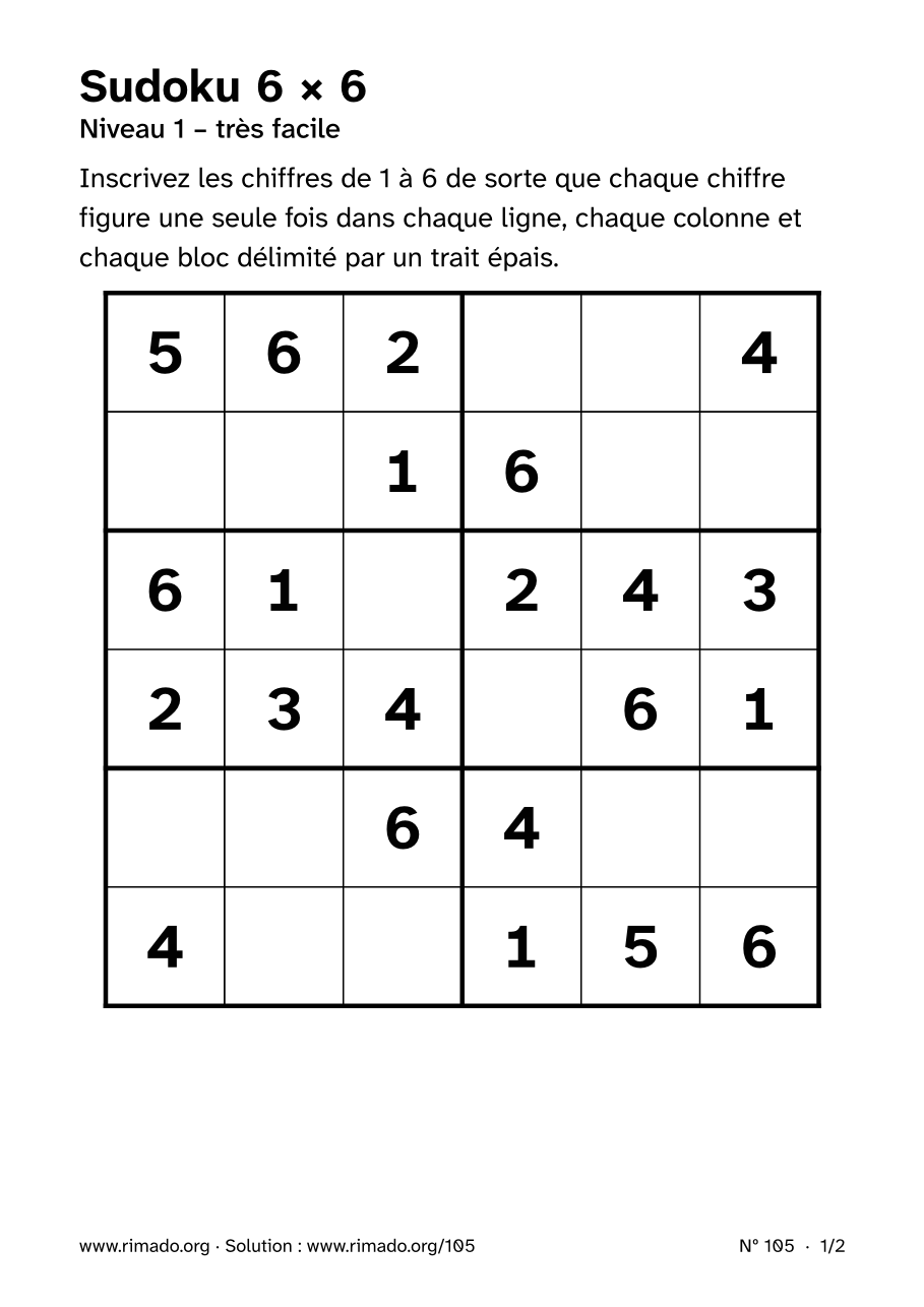 Aperçu de la feuille imprimée : Sudoku 6 × 6, nº 105