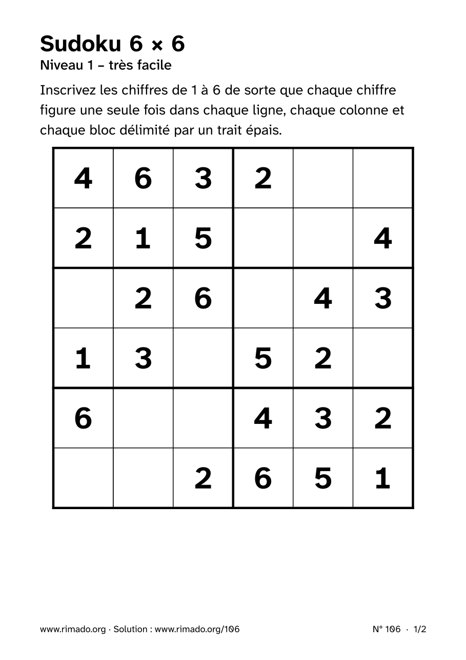 Aperçu de la feuille imprimée : Sudoku 6 × 6, nº 106