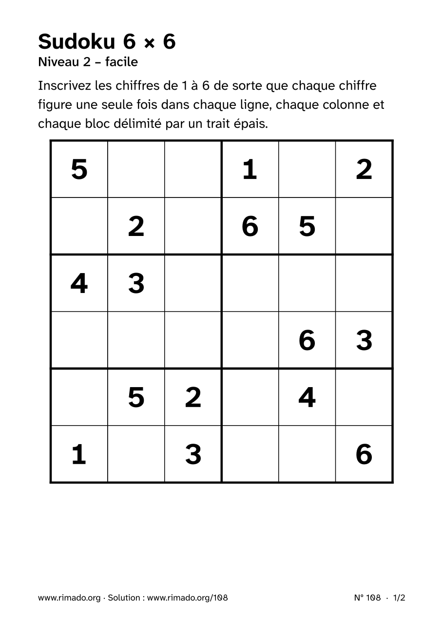 Aperçu de la feuille imprimée : Sudoku 6 × 6, nº 108