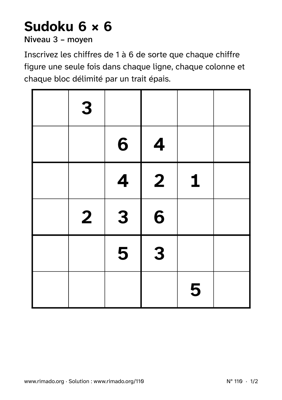 Aperçu de la feuille imprimée : Sudoku 6 × 6, nº 110