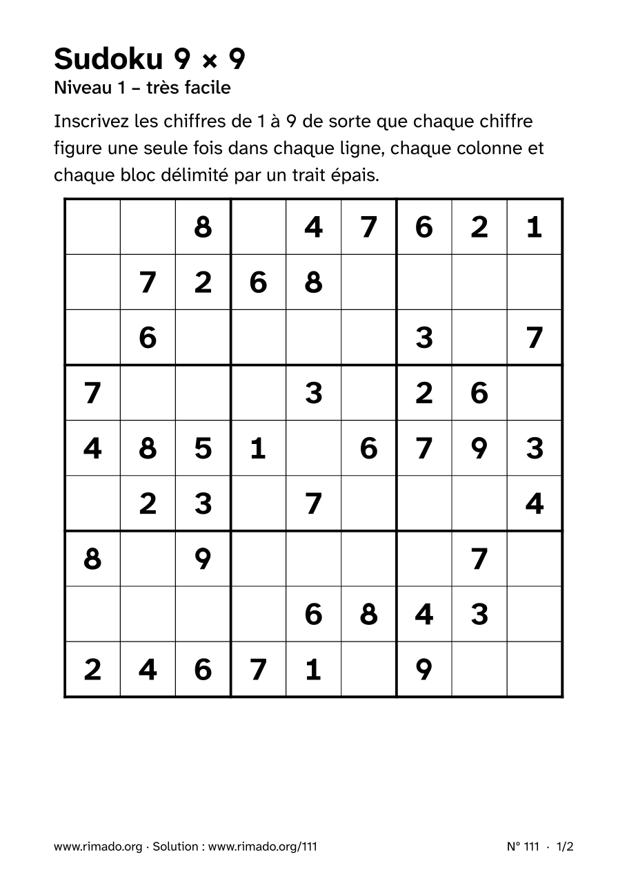 Aperçu de la feuille imprimée : Sudoku 9 × 9, nº 111