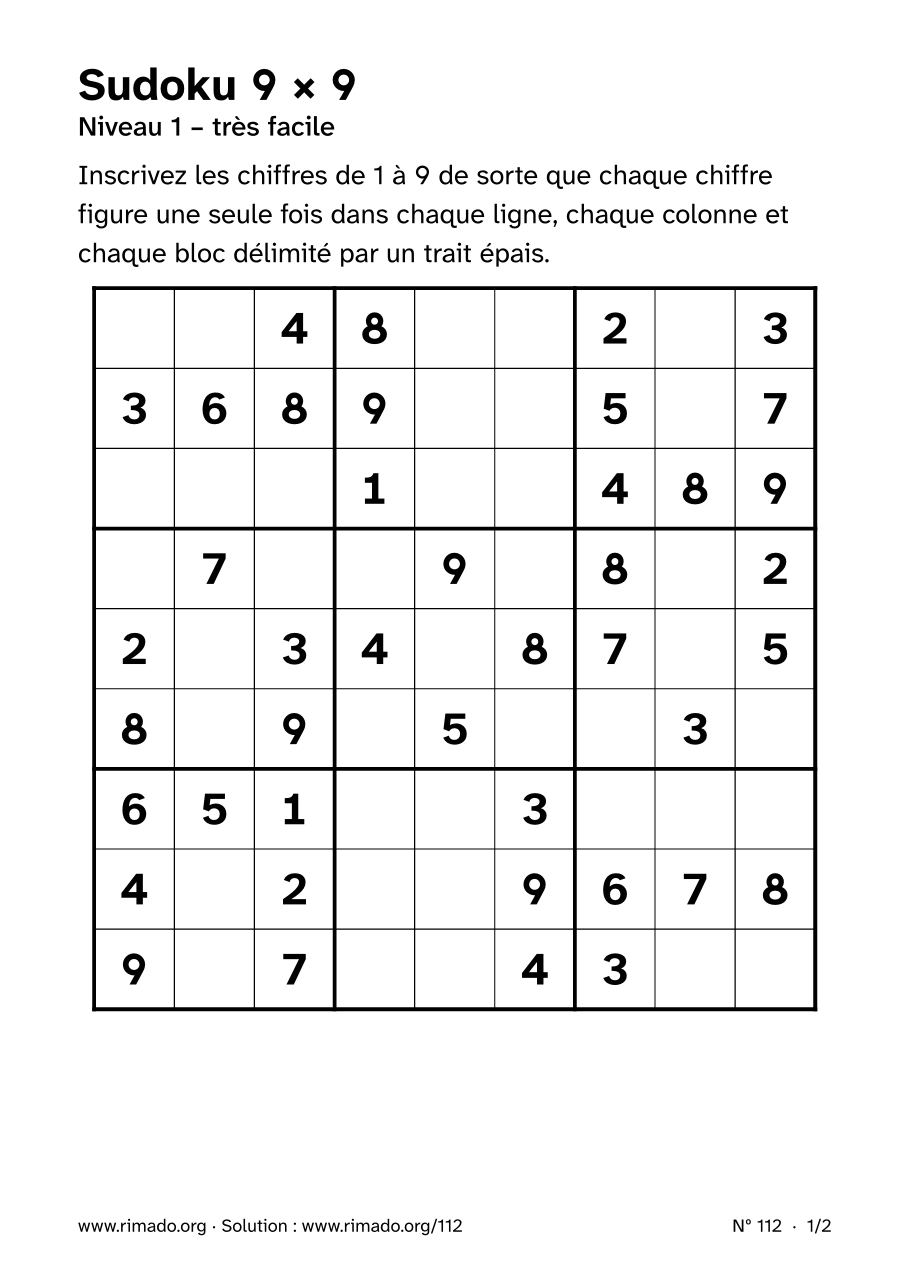 Aperçu de la feuille imprimée : Sudoku 9 × 9, nº 112