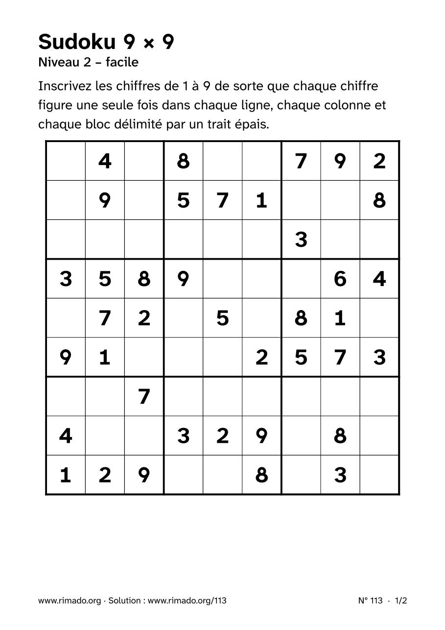 Aperçu de la feuille imprimée : Sudoku 9 × 9, nº 113