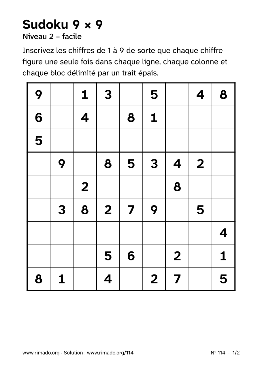 Aperçu de la feuille imprimée : Sudoku 9 × 9, nº 114