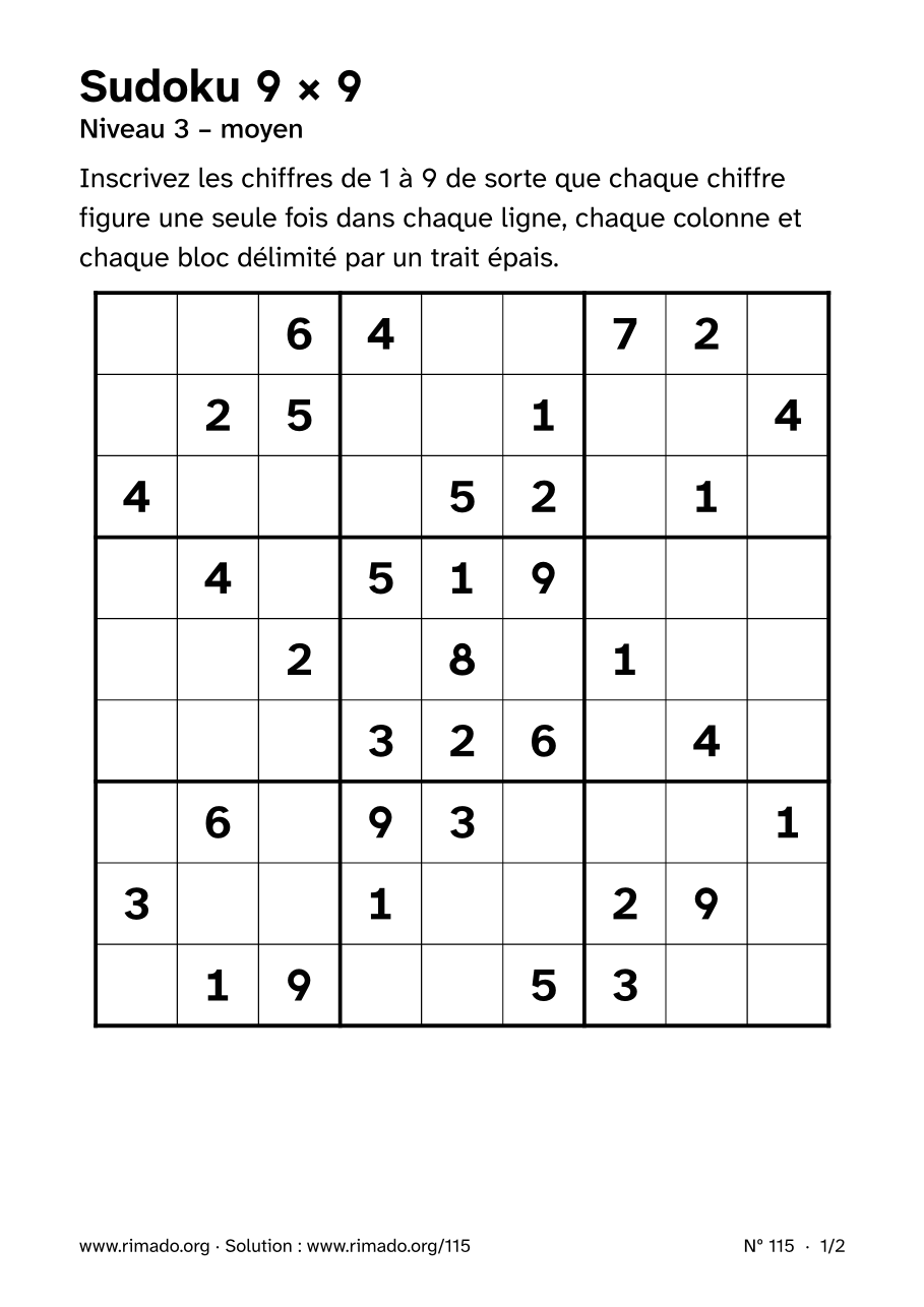 Aperçu de la feuille imprimée : Sudoku 9 × 9, nº 115