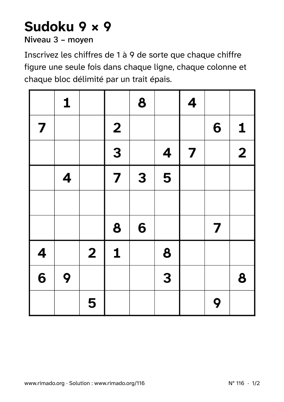 Aperçu de la feuille imprimée : Sudoku 9 × 9, nº 116