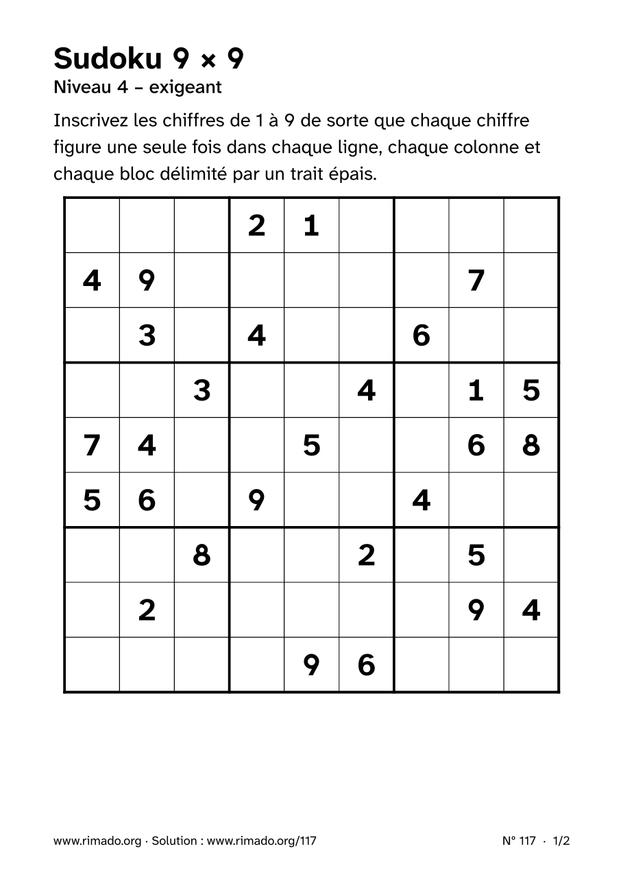 Aperçu de la feuille imprimée : Sudoku 9 × 9, nº 117