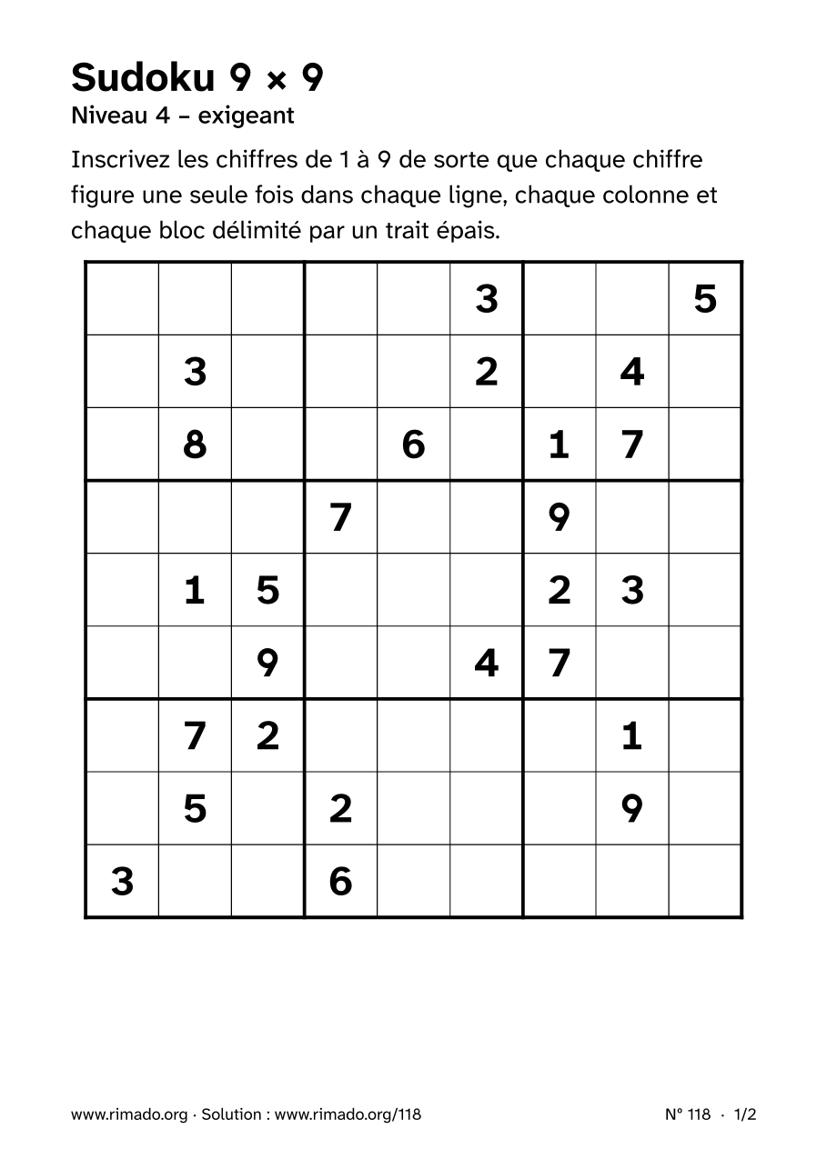 Aperçu de la feuille imprimée : Sudoku 9 × 9, nº 118