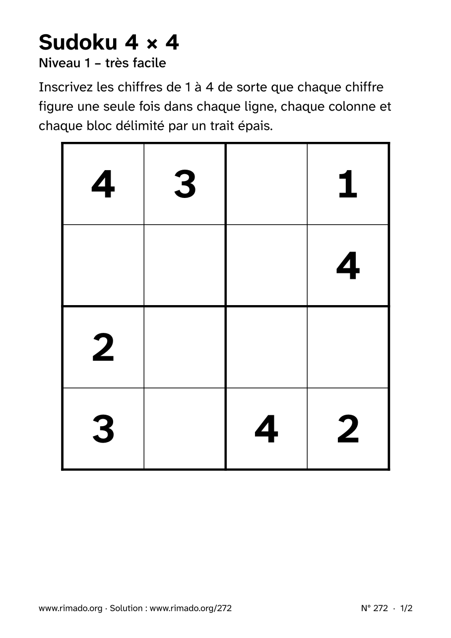 Aperçu de la feuille imprimée : Sudoku 4 × 4, nº 272